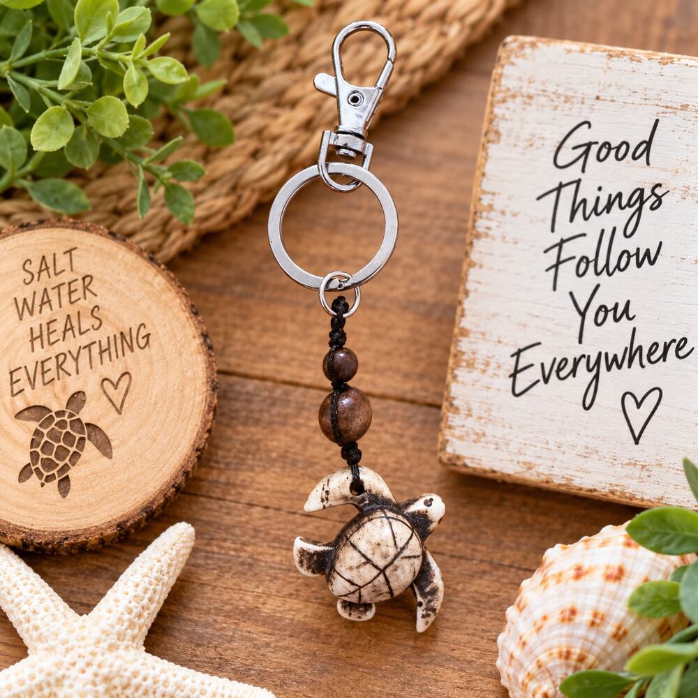 Sea Turtle Keychain with Beaded Charm & Silver Lobster Clasp – Beachy Boho